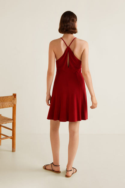 Maroon backless sundress with crisscross straps and waist tie