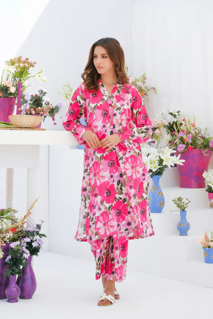 Dhaga pink floral tunic and matching pants set, three-quarter sleeves, V-neck, full body