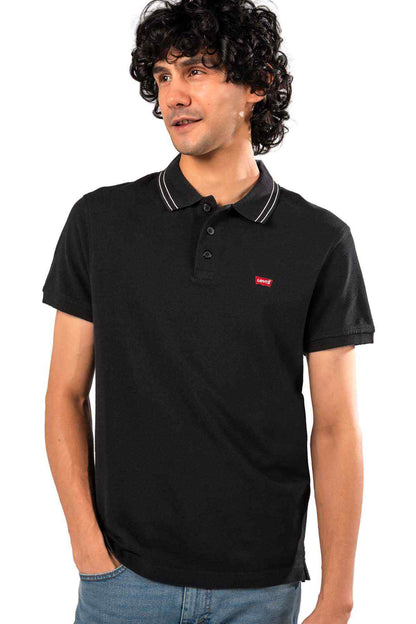 Black short-sleeve polo shirt with striped collar and small chest logo