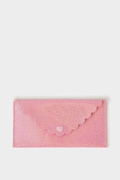 Pink glitter pouch with scalloped trim and small heart detail