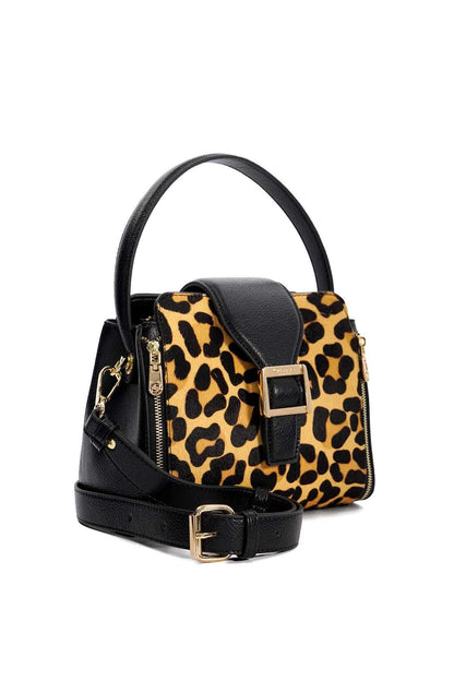 Leopard print handbag with black top handle, front buckle strap, zip pocket detailing