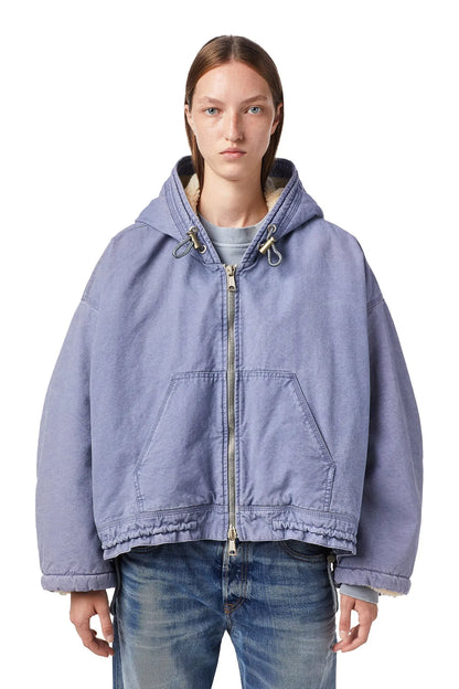 Blue hooded zip-up jacket with metal toggles and front chest pockets