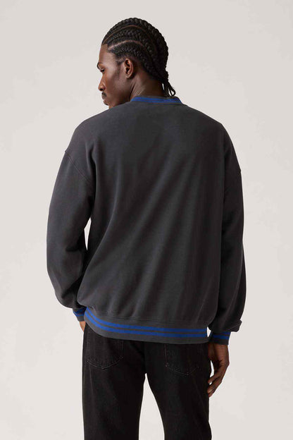 Crewneck sweatshirt, dark gray, blue-striped rib cuffs and collar, back