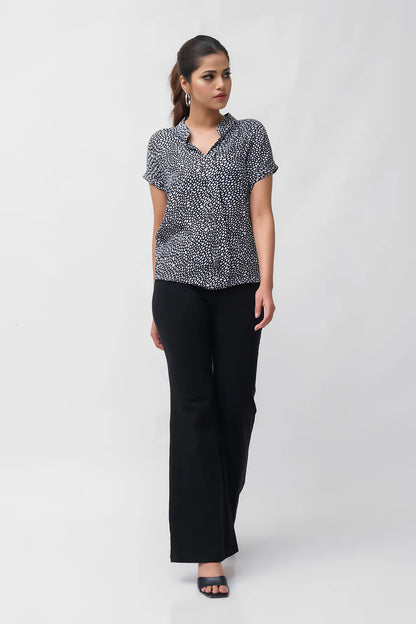 Short-sleeve speckle-print blouse with V-neck, slightly gathered front