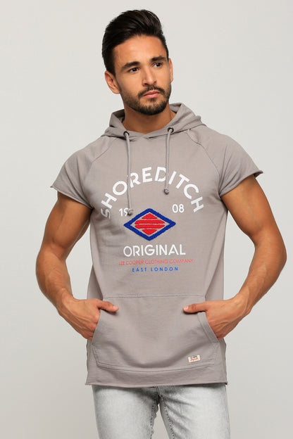 Men's grey short-sleeve hoodie with front logo graphic and hood