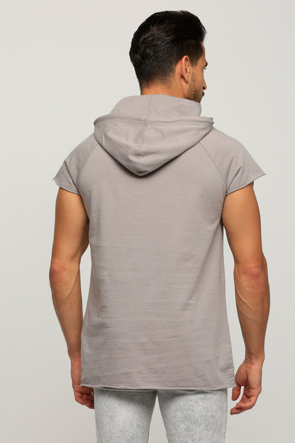 Men's grey short-sleeve hoodie back view with hood