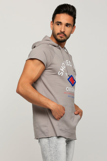 Men's grey short-sleeve hoodie, side view, hood and logo on chest