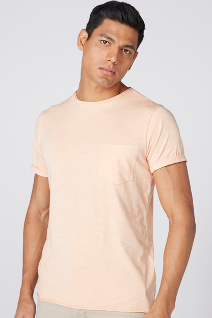 Men's light beige crew-neck T-shirt with chest pocket, short sleeves
