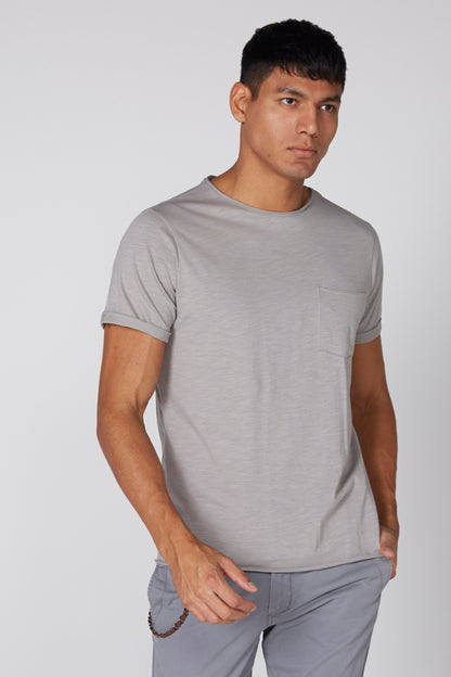 Men's heather grey short-sleeve crewneck T-shirt with chest pocket