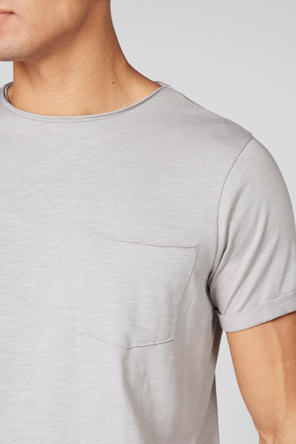 Men's heather grey crewneck T-shirt with small chest pocket (close-up)