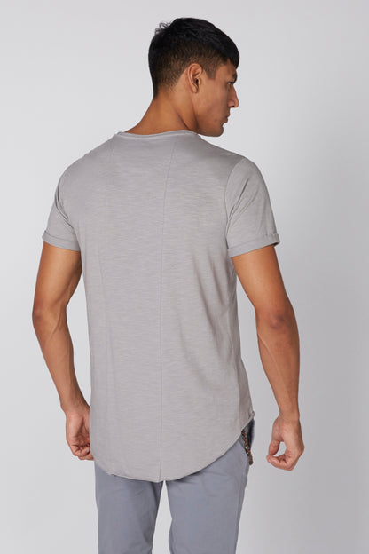 Men's heather grey short-sleeve crewneck T-shirt, back view