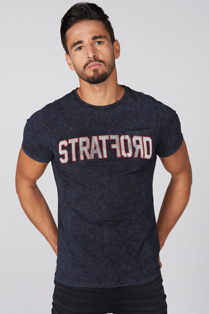 Splash black crewneck graphic T-shirt with STRATFORD logo and chest pocket