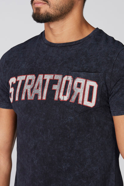 Black crewneck T-shirt with STRATFORD graphic logo, short sleeves