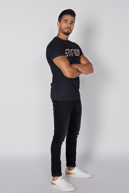 Splash black graphic T-shirt, side view, crew neck and short sleeves