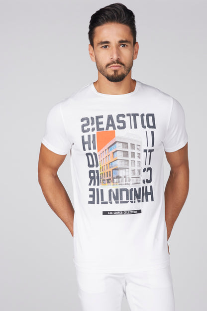 Men's white graphic T-shirt with city building print on front