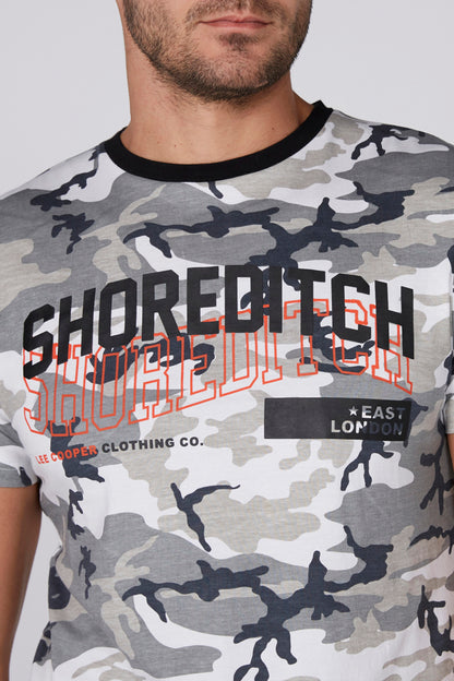 Splash camo T-shirt with bold SHORETECH graphic and compass patch