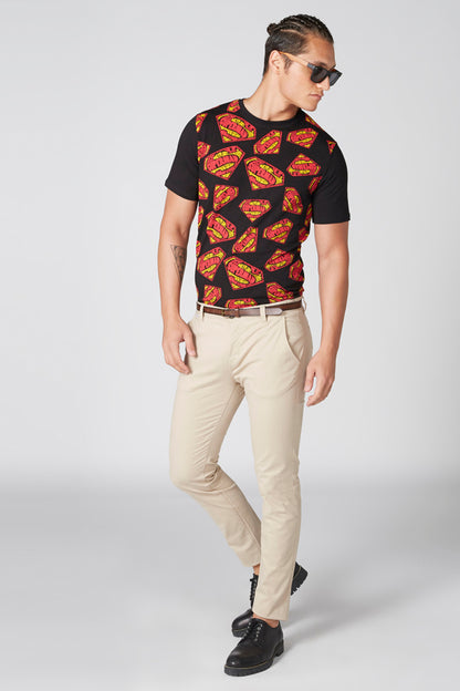 Men's black short-sleeve T-shirt with colorful taco pattern, crew neck