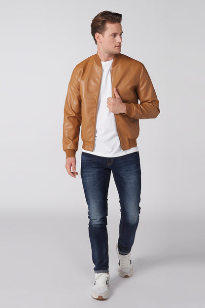 Brown leather bomber jacket full view with ribbed hem and zip front