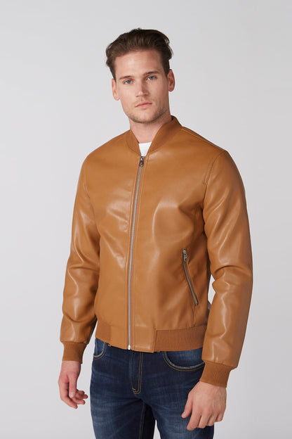 Brown leather bomber jacket with front zipper, stand collar, and side pockets