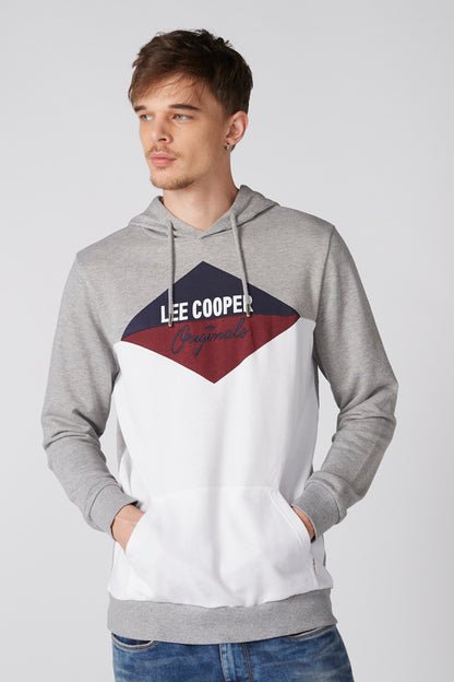 Grey and white colorblock pullover hoodie with Lee Cooper logo graphic on front