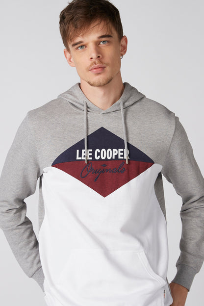Grey and white colorblock hoodie with Lee Cooper diamond logo and front pouch pocket