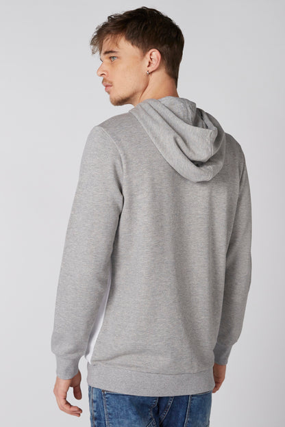 Grey pullover hoodie, back view with hood and long sleeves