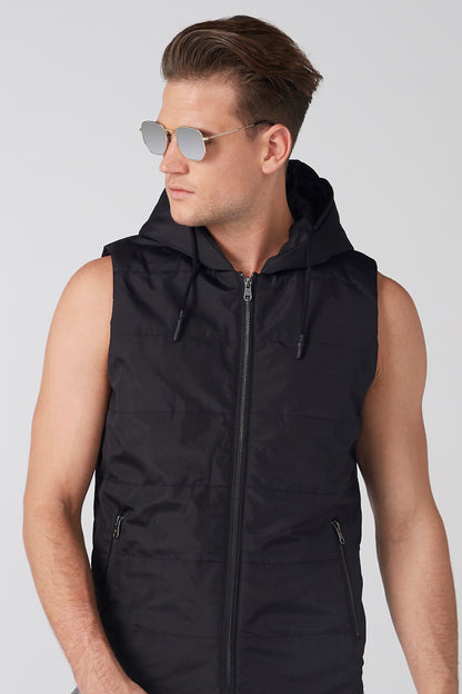 Black sleeveless hooded vest with full-zip front and drawstring hood
