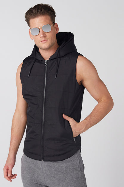 Black sleeveless zip-up hooded vest with side pockets and drawstring hood
