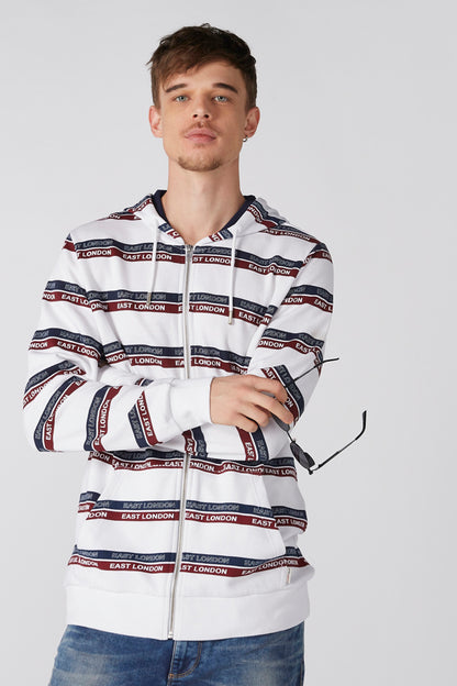 White zip-up hoodie with repeating East London stripe print and contrast hood lining.