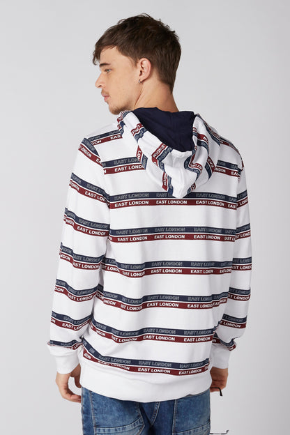 White zip-up hoodie with repeating East London stripe print, shown from the back.