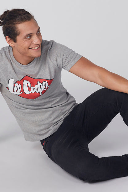 Grey Lee Cooper T-shirt with chest logo, worn with dark jeans