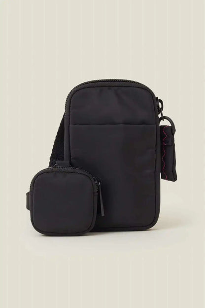 Accessorize black mini crossbody bag with front zip pocket and attached pouch