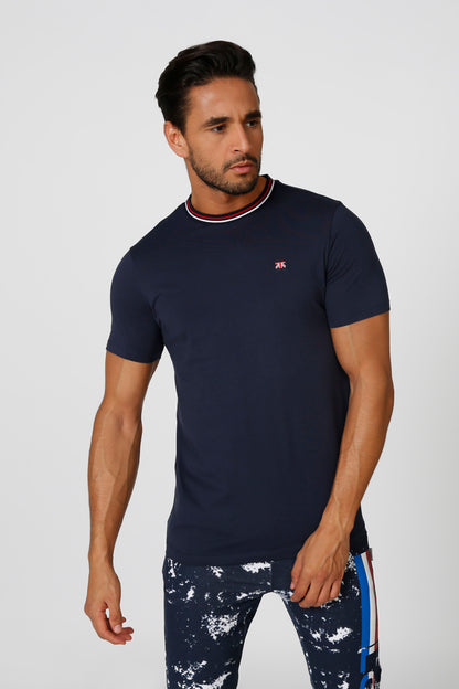 Men's navy short-sleeve T-shirt, red/white striped crew neck, small chest logo