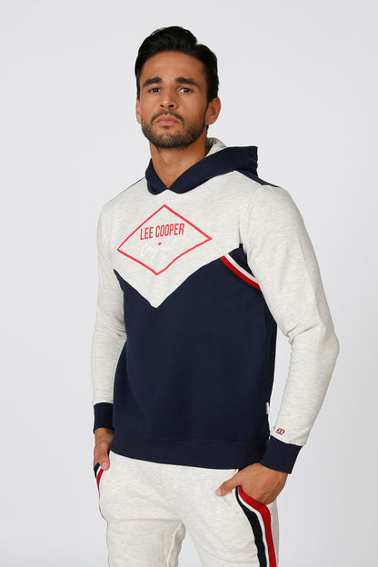 Colorblock hooded sweatshirt, light gray/white with navy and red logo patch