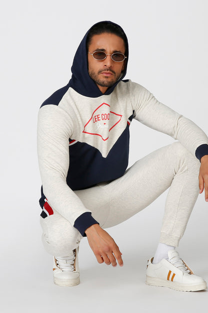 Colorblock hooded sweatshirt, light gray/white with navy hood and red logo patch