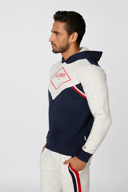 Colorblock hooded sweatshirt, light gray/white with navy panels and red logo patch