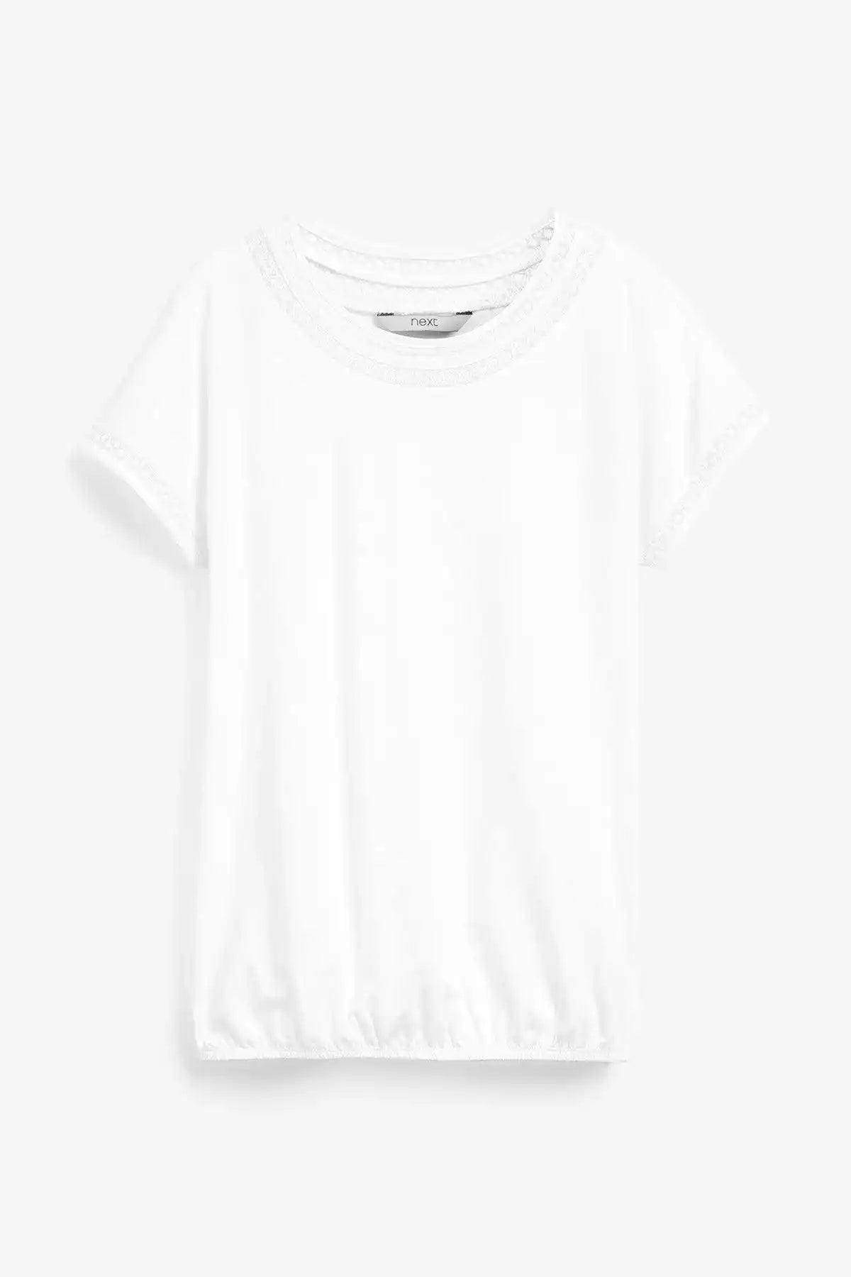 White short-sleeve crewneck T-shirt with relaxed drape and subtle logo at collar