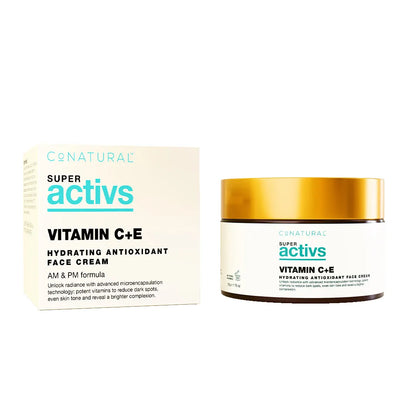 Vitamin C+E face cream jar and outer box with gold lid
