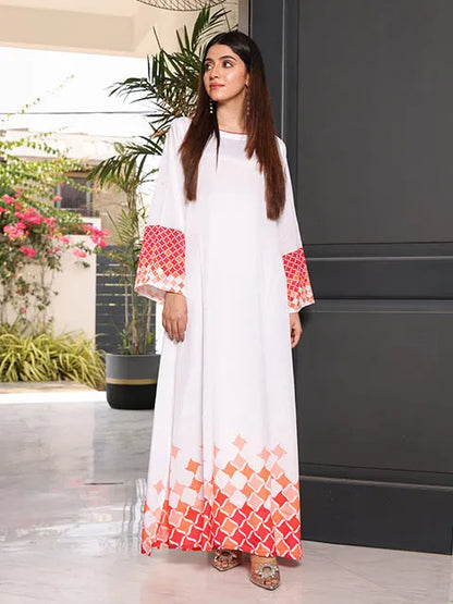 Women's white maxi dress with orange diamond print sleeves and hem border
