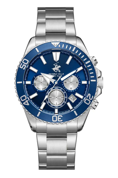 BHPC silver wristwatch with blue dial and metal bracelet