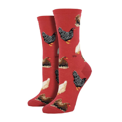 Red crew socks with chicken and farm animal graphic pattern, crew length