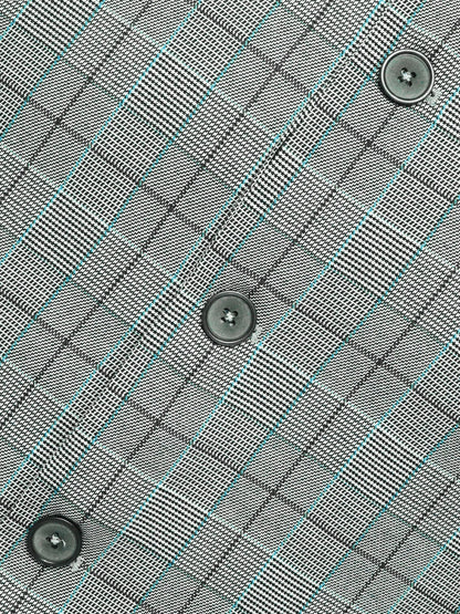 Brumano grey check fabric texture with teal grid lines and round dark buttons