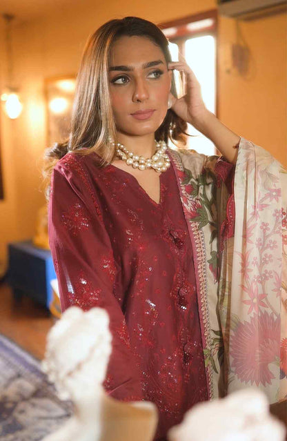 Maroon embroidered kurta with pearl-style neckline and cream floral dupatta