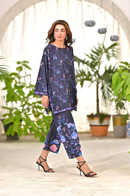 Floral tunic and ankle pants set, navy pink floral pattern, rounded neckline, straight hem