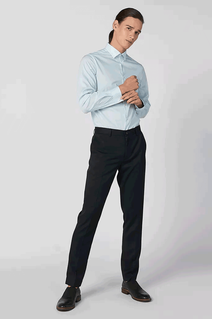 Splash shirt in light blue, long-sleeve button-up; worn with black trousers