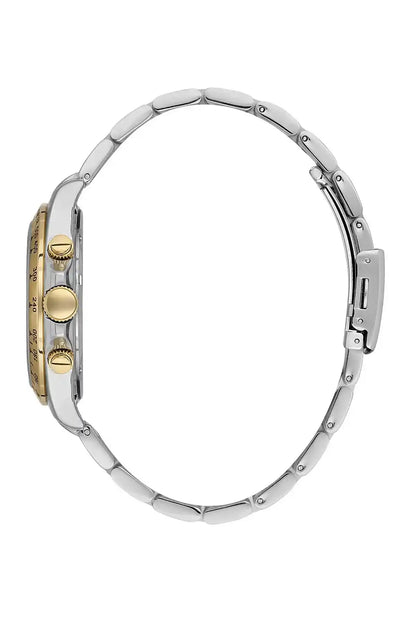 Two-tone silver and gold chronograph watch side view with round pushers