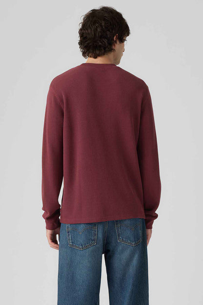Men's maroon long-sleeve sweatshirt from back view, ribbed crew neck