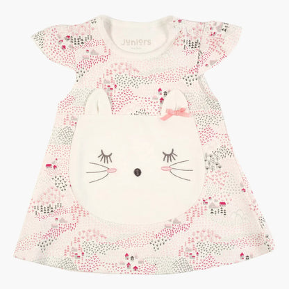 Pink and white baby dress with cute cat face applique and short ruffle sleeves