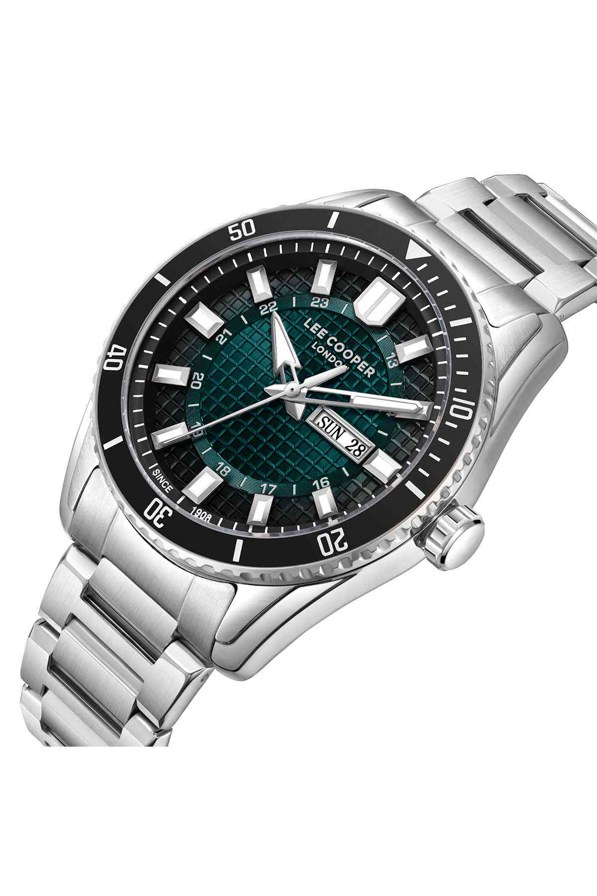 Silver stainless steel watch with teal dial and black bezel, metal link band