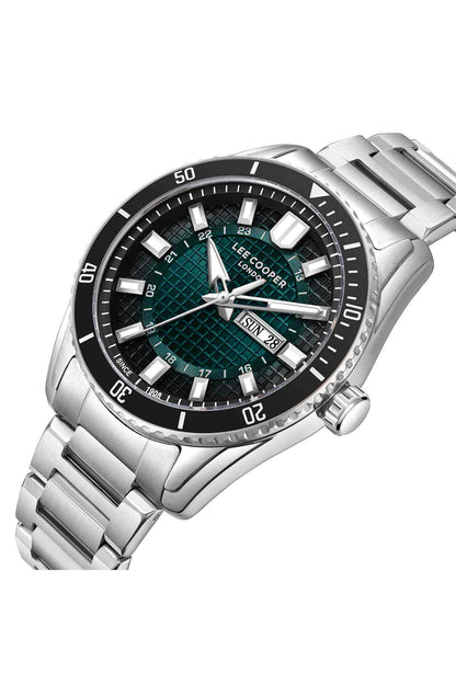Silver stainless steel watch with teal dial and black bezel, metal link band